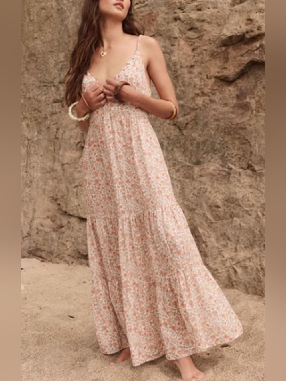 Smocked Floral Maxi Dress in Cream with Pink Accents